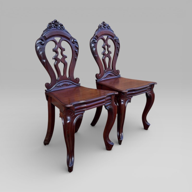 Antique Pair of Victorian Carved Mahogany Hall Chairs - Image 3